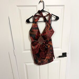 Cache Beaded Rhinestone Halter Boho Satin Club Feminine VTG